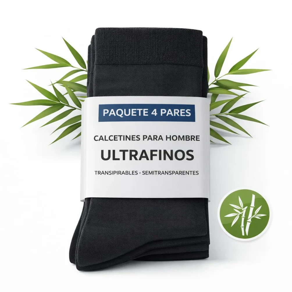 Calcetines de Bambú para Hombre, Pack de 4 Pares, Sin Costura, Transpirables y Suaves, Calcetines Ejecutivos Finos, Antiolor y Antibacterianos, Negro, Talla 40-46