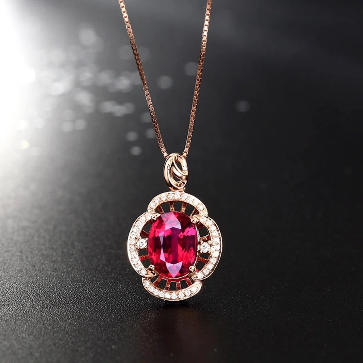 Collar de oro rosa con diamantes, kit de collar de flores con turmalina ovalada de 2,5 quilates Vvs1-Vvs2 14 x 22 mm, bonitos regalos para mujer, 14x22MM, Oro rosa de 18 quilates, Turmalina