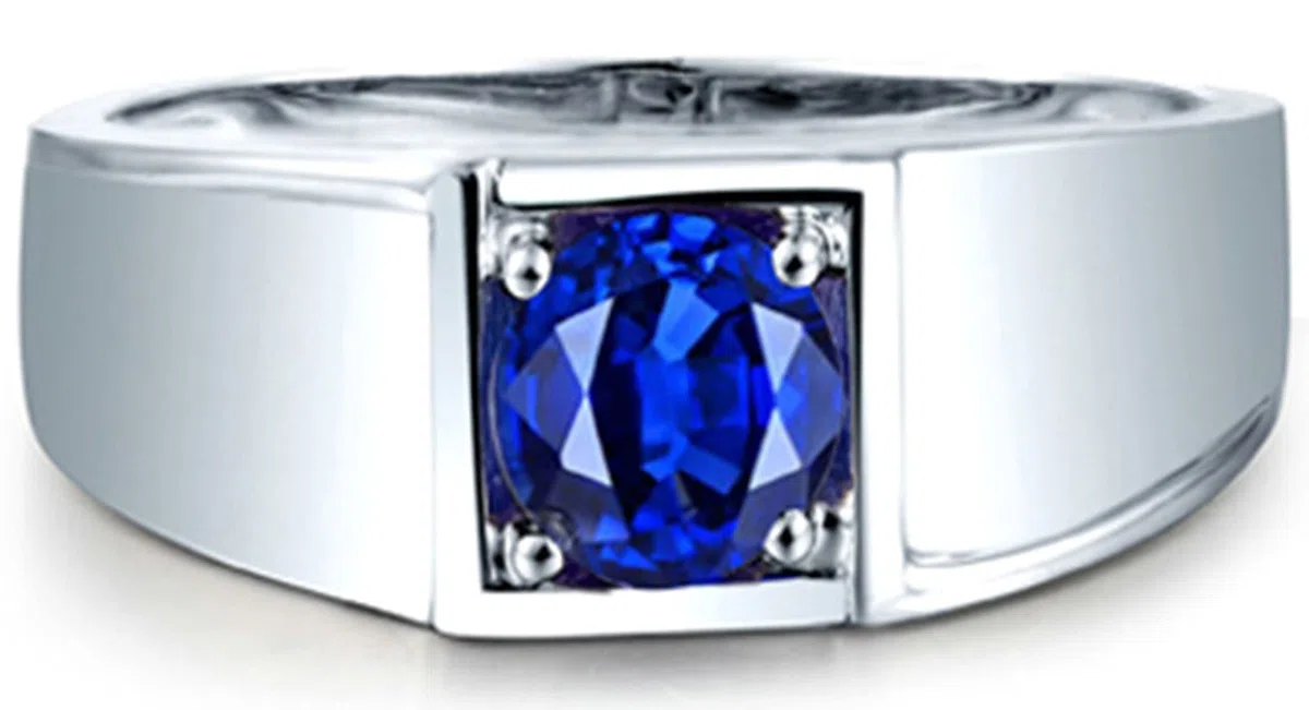 AMDXD Anillo de compromiso de oro blanco 750, 4 garras, anillo solitario ancho con zafiro azul de 0,95 ct, joyería regalo de cumpleaños para hombre