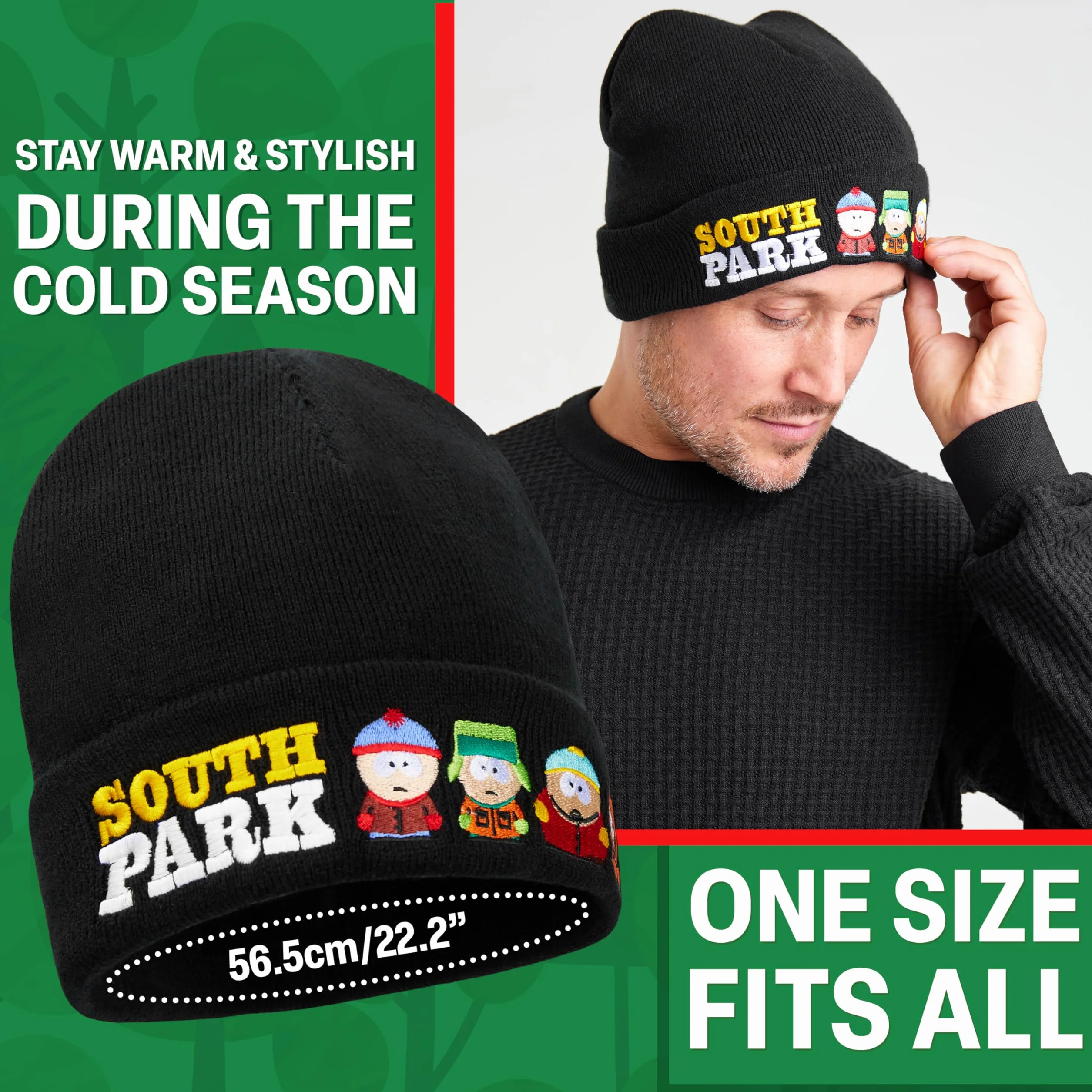 South Park Gorro Negro o Conjunto Bufanda Guantes y Gorro Adolescente, Accesorios de Invierno Cálidos para Días Fríos