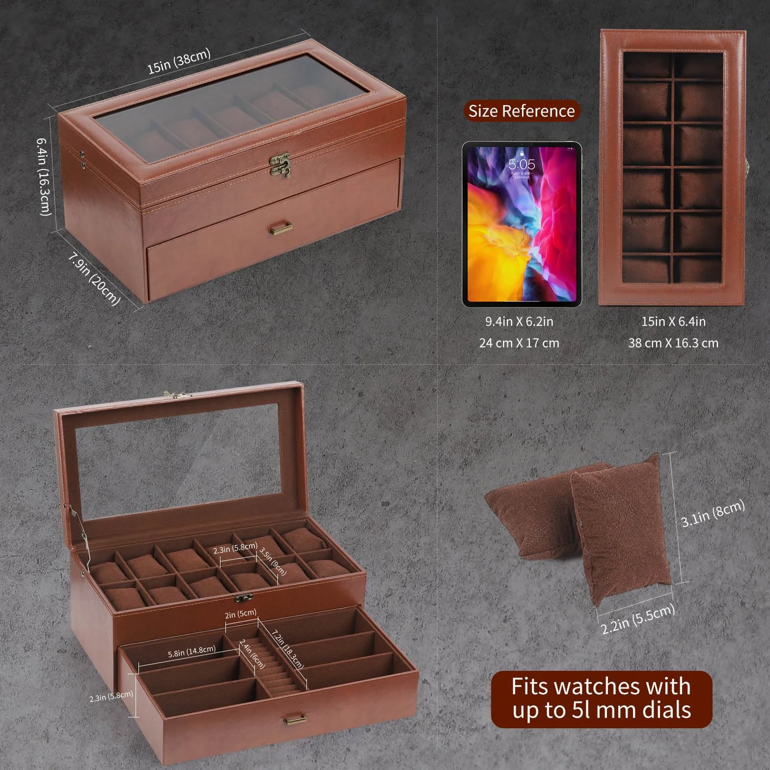 AUTOARK Caja de cuero y terciopelo para 12 relojes y organizador de lentes de sol de 6 piezas, 2 capas con 1 cajón, con cerradura, parte superior de cristal grande, MKAW041