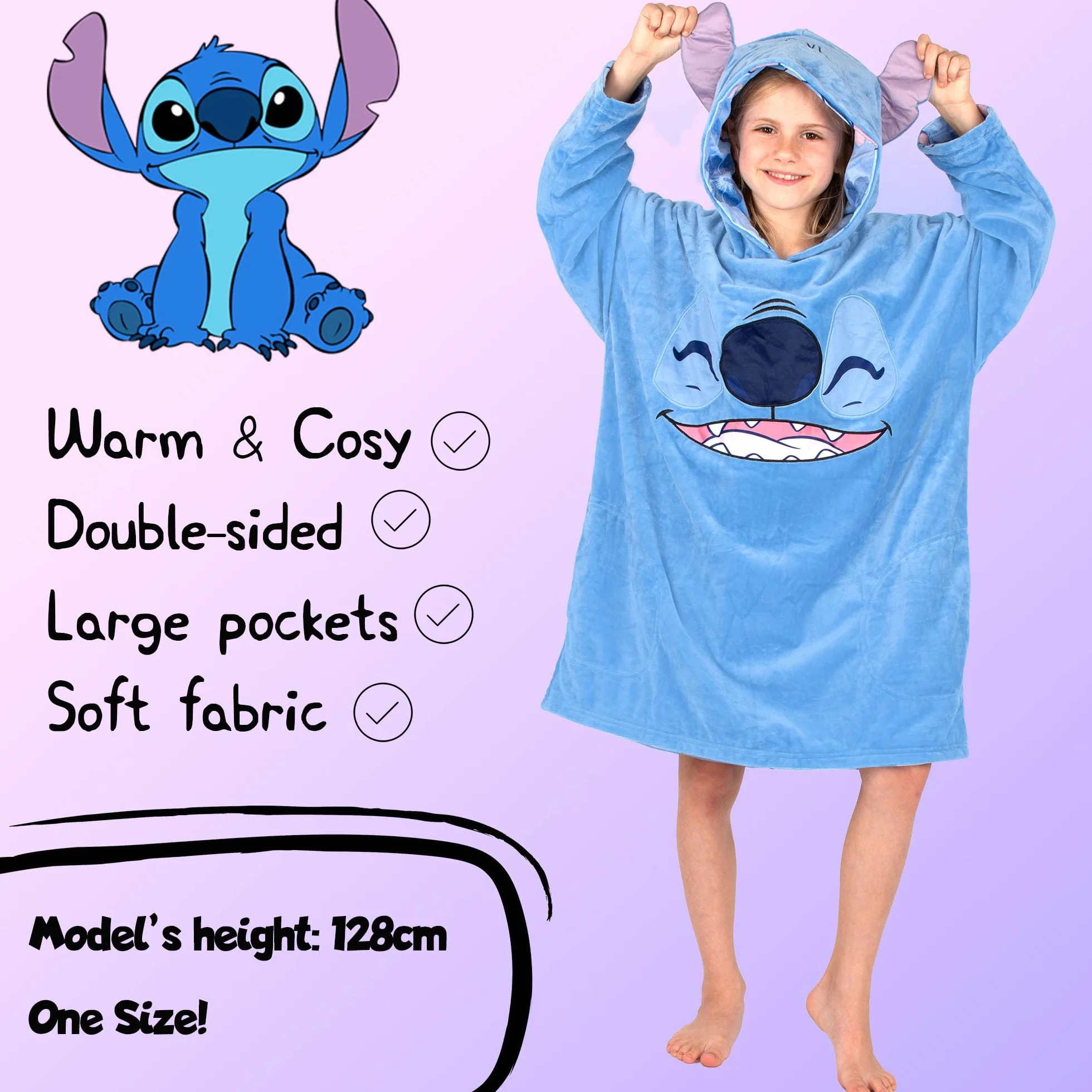 Disney Stitch - Manta reversible con capucha de gran tamaño para niños, súper suave, de doble cara, forro polar, regalo para niñas, talla única, color azul