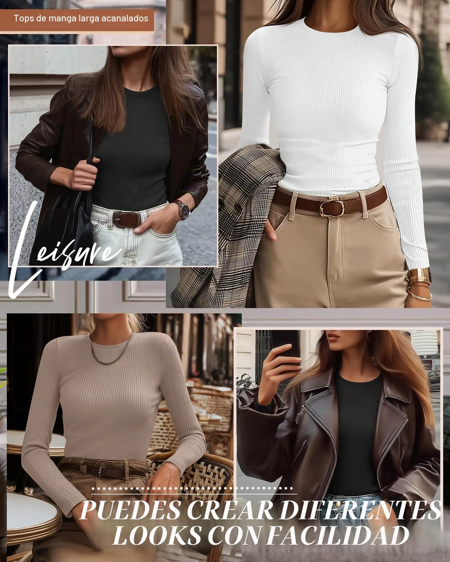 Ficerd Paquete de 3 Camisetas Interiores Elásticas de Manga Larga con Cuello Redondo y Tejido Acanalado para Mujer | Camiseta interior de cuello redondo, ajustada, básica de punto, casual de verano, camiseta elástica en capas