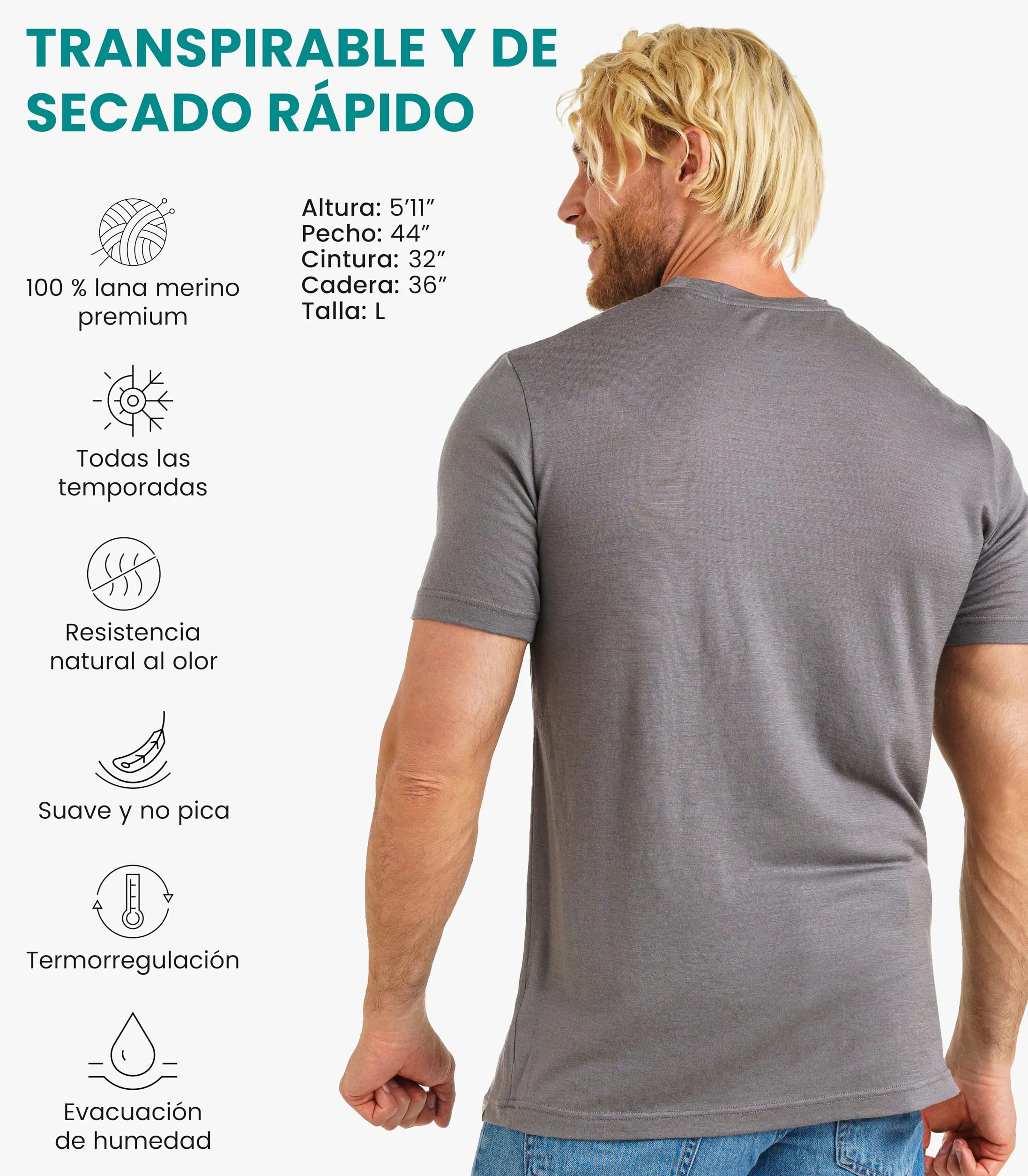 Merino.tech Camiseta Lana Merino Hombre - 100% Lana Merino con Calcetines (Large, Gray)