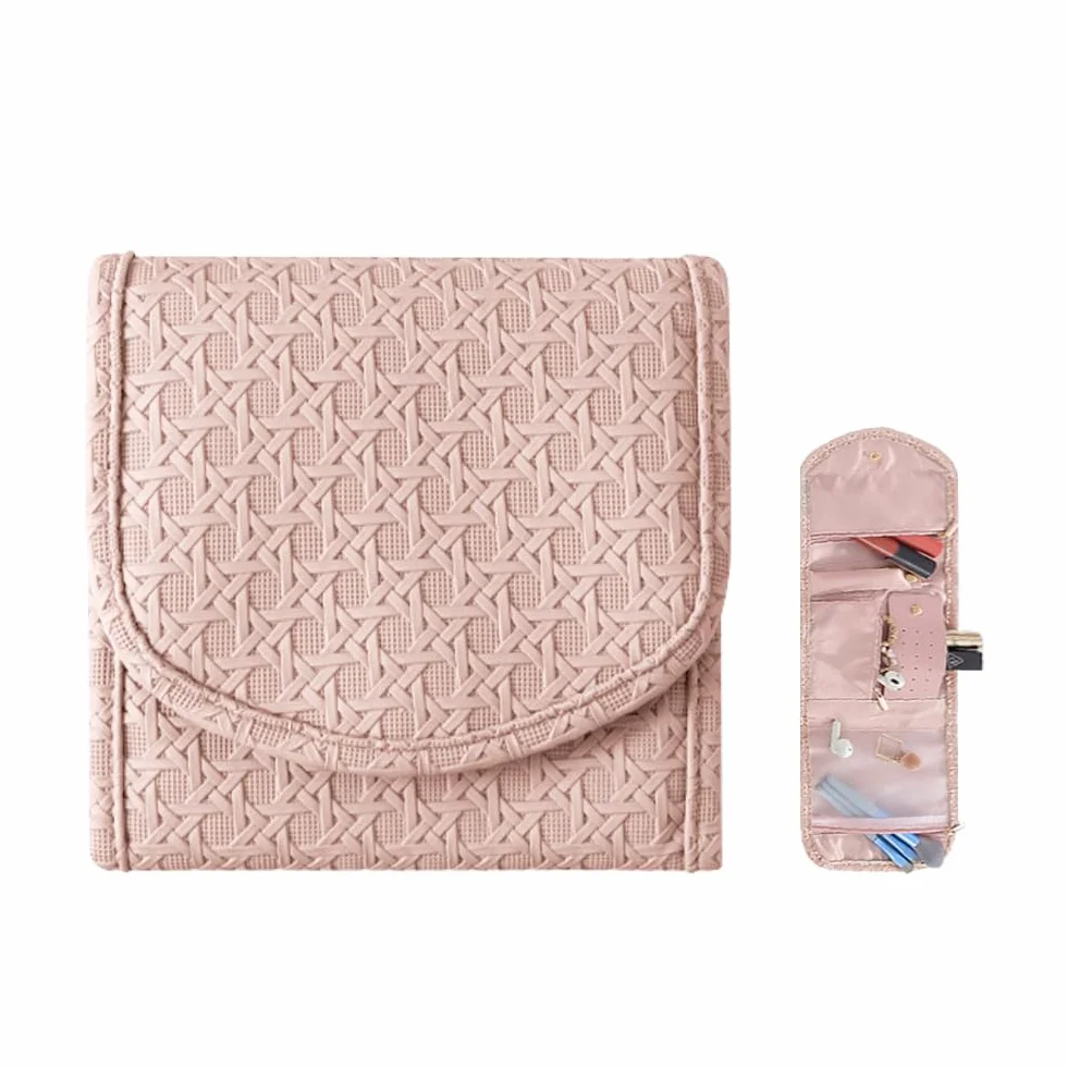 Bolsa de rodillos para joyas, organizador de viaje, piel sintética, almacenamiento para pendientes, rosa