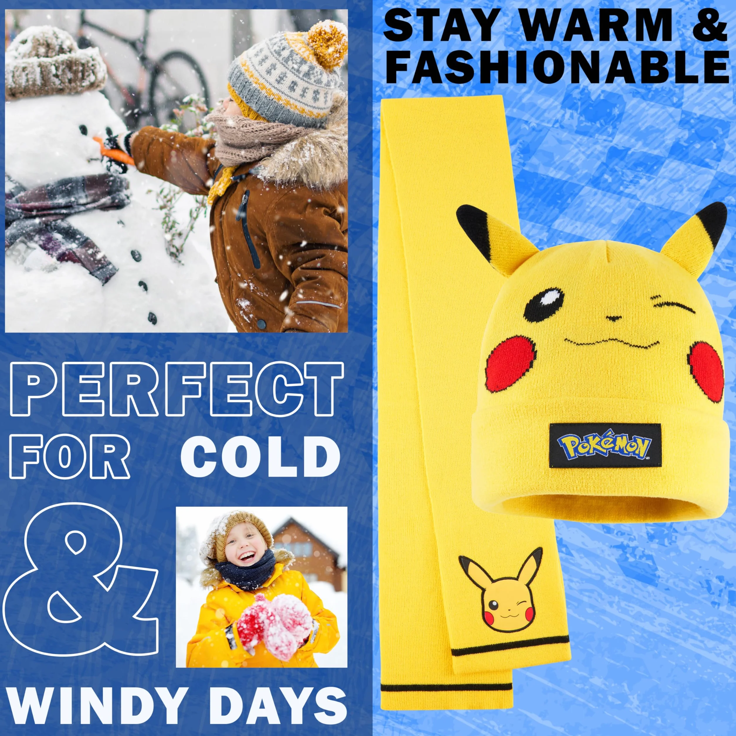 Pokémon Conjunto Bufanda y Gorro y Guantes Niño 8-10 Años, Pikachu Accesorios de Invierno Suave para Frío, Regalos de Anime