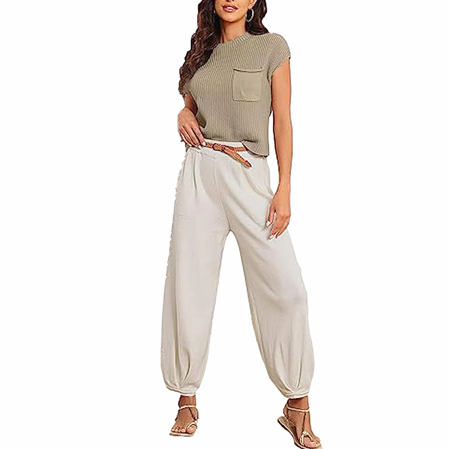 amropi Chándal de Mujer Conjunto de Punto Jersey Casual Manga Corta y Pantalón Jogging