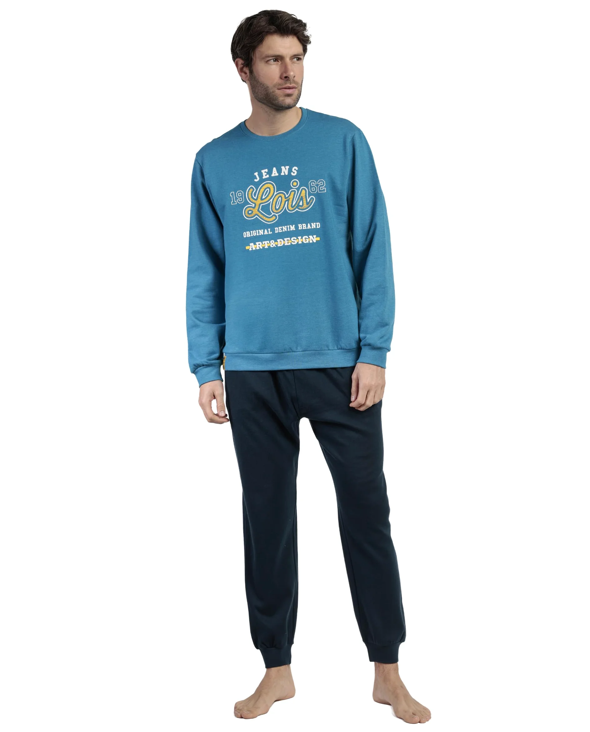 Lois Pijama Hombre Invierno 60% algodón, 40% poliéster, 100% algodón – Pijama de Hombre Camiseta de Manga Larga Neppy, pantalón Largo Cintura Ajustable, con puños y Bolsillos, Color Azul, Talla XXL