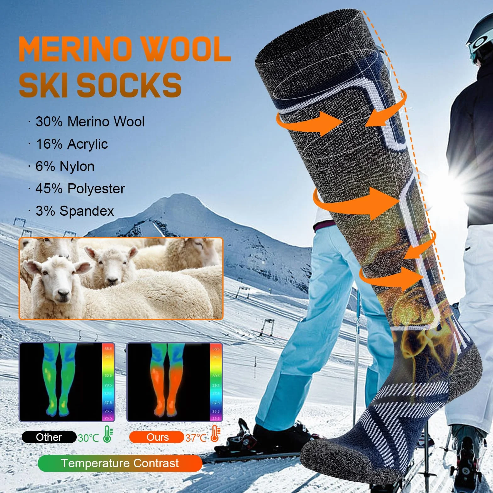 Cirorld Calcetines de esquí de lana merino 2 pares, calcetines térmicos cálidos hasta la rodilla gruesos para invierno, clima frío, nieve, esquí, snowboard, caza, senderismo