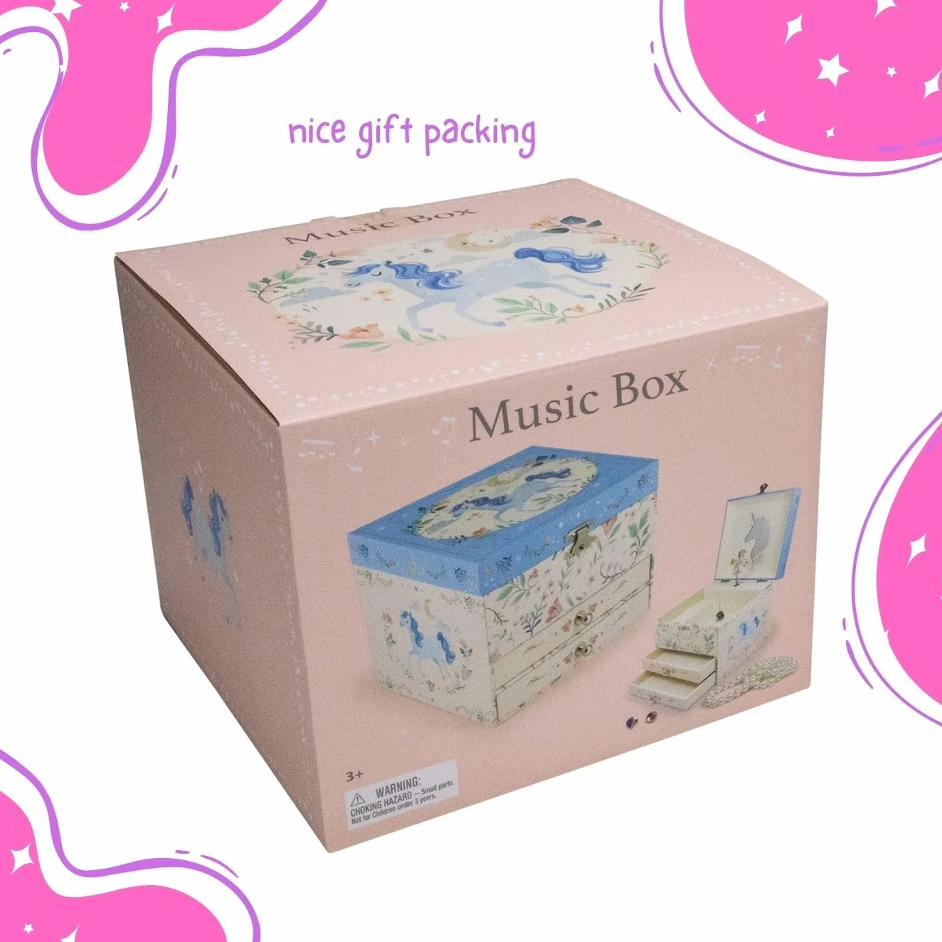 GICO Joyero con diseño de unicornio de dos cajones para niñas, joyero con caja de música, figura giratoria y espejo, regalo de cumpleaños para niñas - 92065