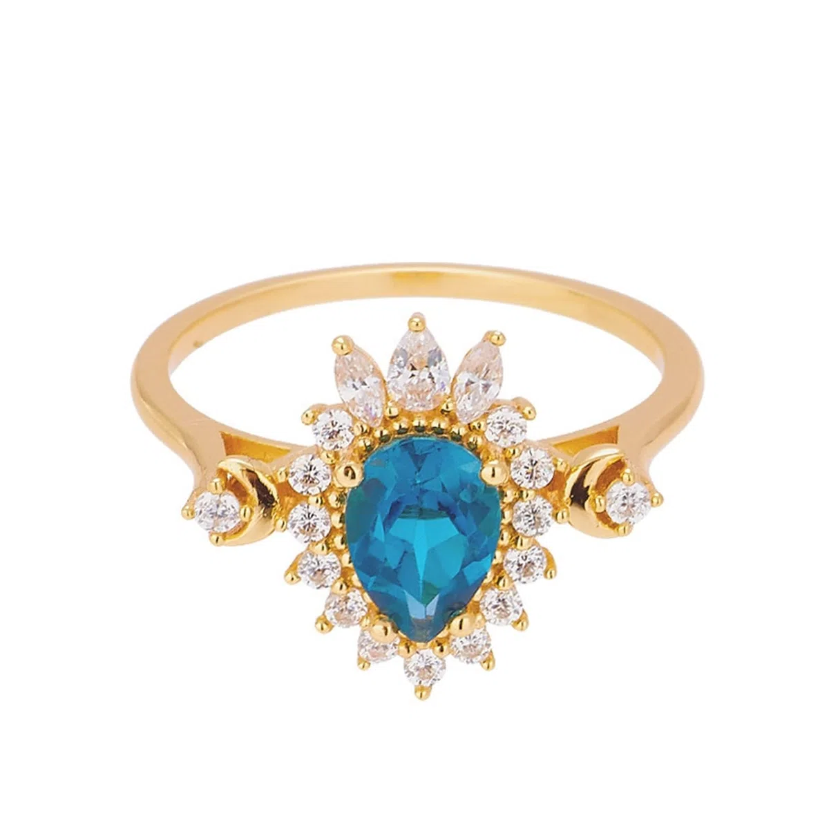 Anillo de boda de oro amarillo Au 375/585/750 con gotas de topacio azul, forma de flor