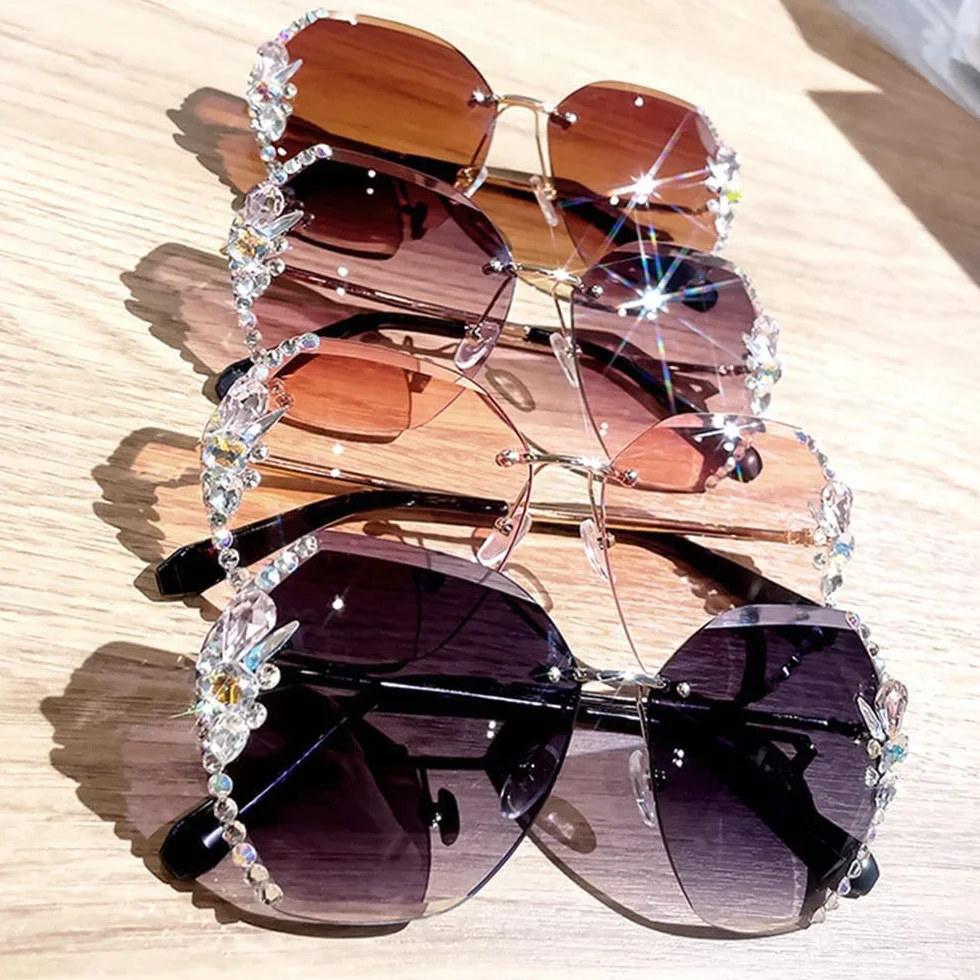 Gafas de Sol de Diamante sin Montura para Mujer 2022, Gafas de Sol de Diamante Degradado de Gran tamaño, Gafas de Sol de Cristal con protección UV