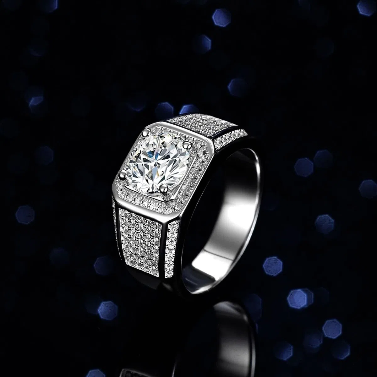 Anillo para hombre de plata de ley de 6 dientes redondo con moissanite de 2 quilates, plata de ley 9 K, oro blanco de 9 quilates, talla 53 (16,9)