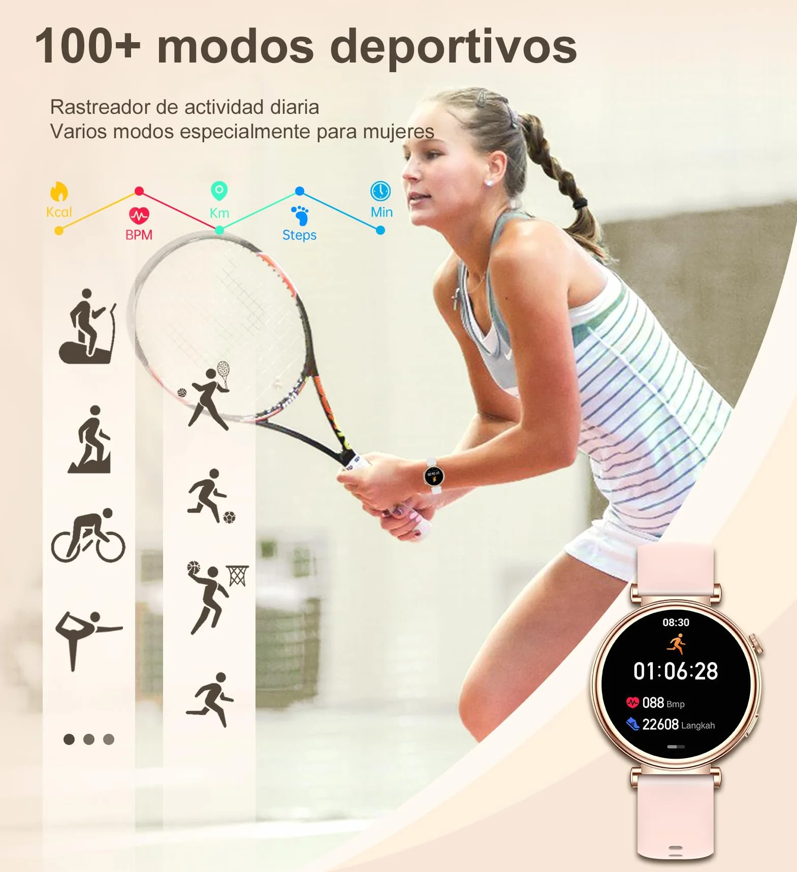 Reloj Inteligente Mujer Pequeño, Smartwatch Mujer Redondo 1.27" 41mm con Llamadas, 3 Correas, Pulsera Actividad con 100+ Modos Deportivos Pulsómetro Sueño Cuenta Pasos para Android & iPhone, Rosa Oro