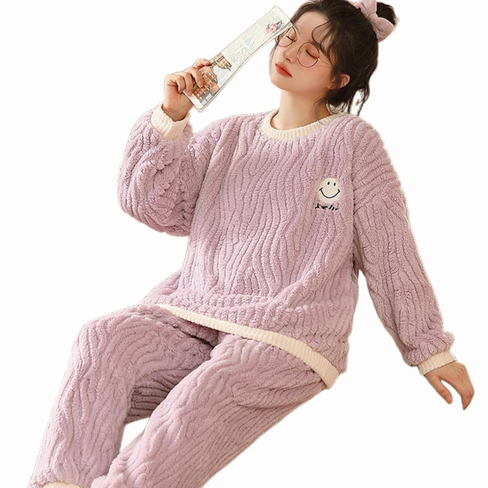 TOBILE Pijama de franela de invierno para mujer, conjunto de pijama de felpa jacquard cálido grueso para el hogar, pantalones de dos piezas, pijama 9908, L