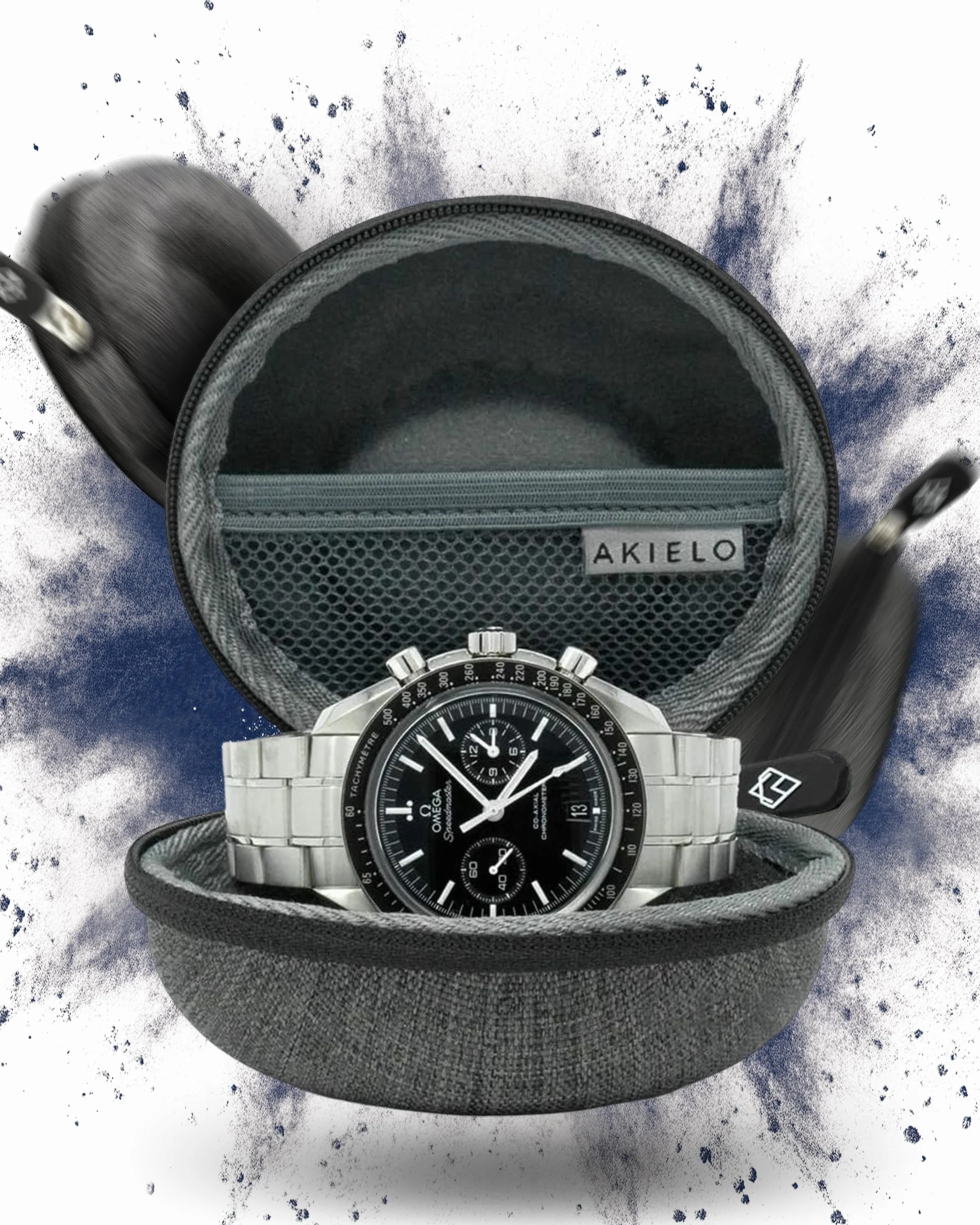 AKIELO Caja para Relojes de Viaje con Paño de Limpieza y Caja Regalo – Compatible con Relojes de Pulsera para Hombre y Mujer y Relojes Inteligentes de hasta 54 mm (Edición Gris Carbón)