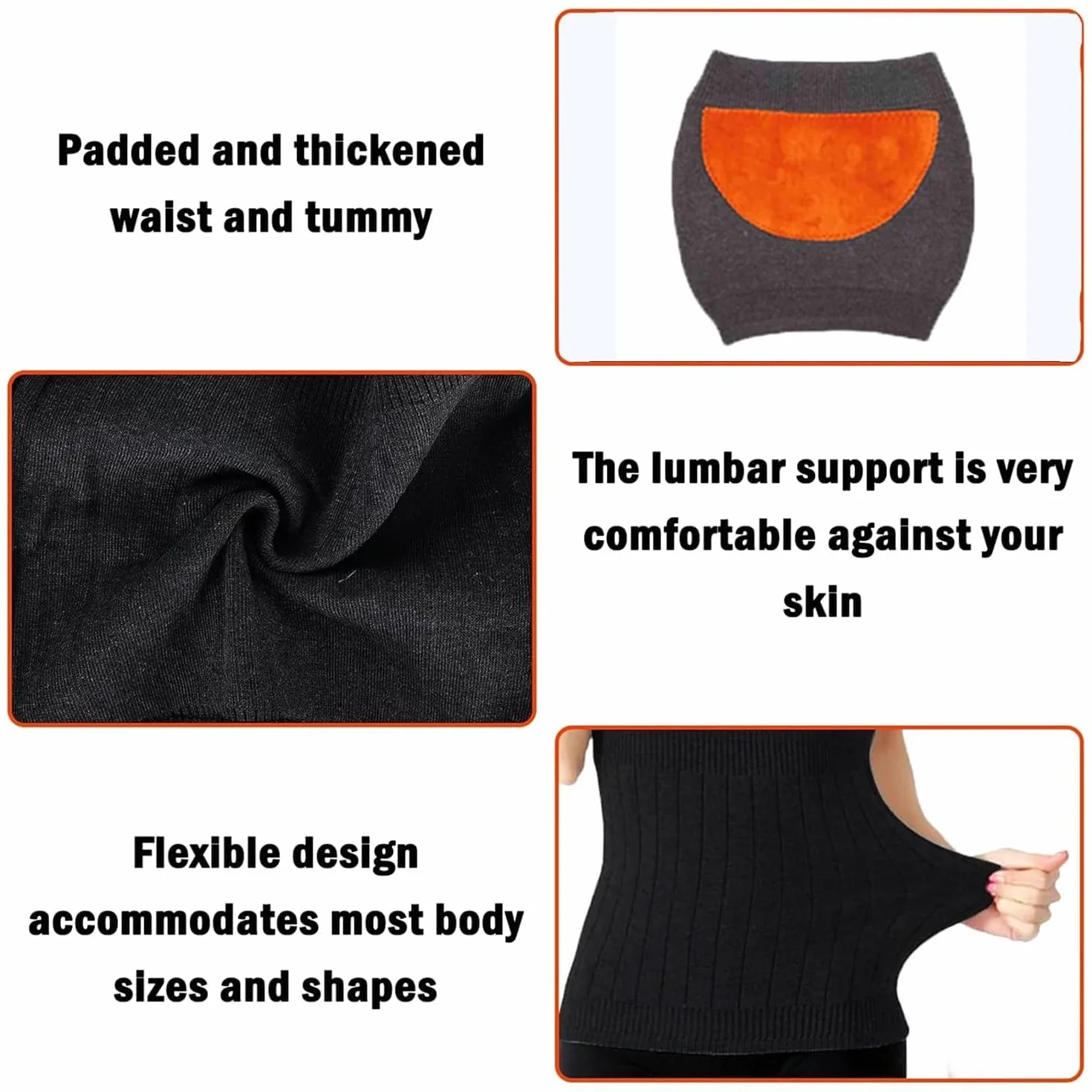 Risipu Cinturón térmico de cachemira para mujer, invierno, elástico, soporte para la cintura y el abdomen, alivio para la espalda, la columna lumbar y el dolor menstrual (Negro con forro polar, talla