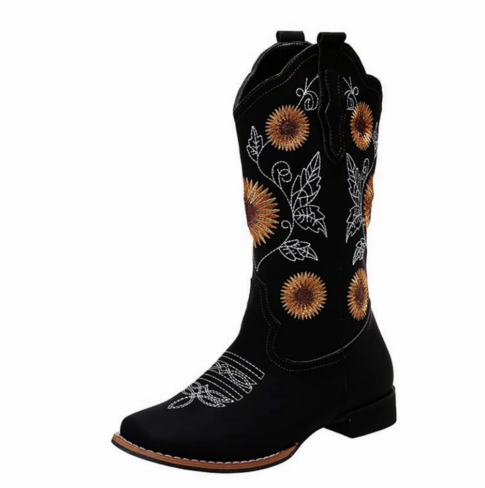 Botas de Girasol para Mujer, Botas Vaqueras Occidentales, Botas de tacón Grueso a Media Pantorrilla, Botas Bordadas con Flores de Piel sintética Vintage