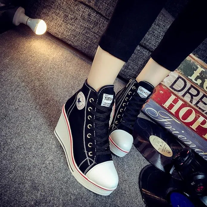nulala Zapatillas de lona para mujer, con tacón de cuña, zapatillas con altura de tacón, zapatillas de plataforma para correr, para deporte, tiempo libre