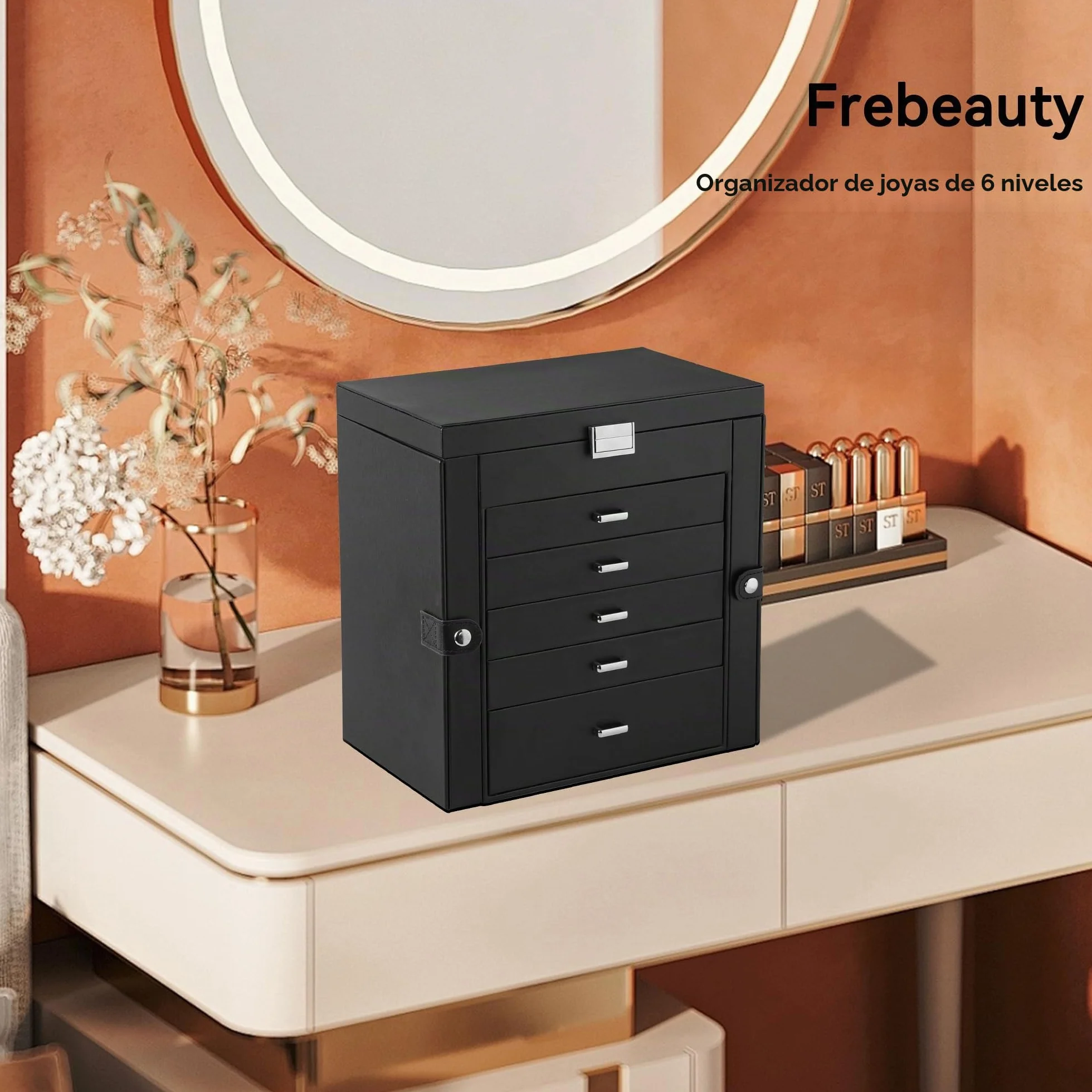 Frebeauty Caja de joyería grande 6 niveles cuero sintético con cerradura espejo organizador joyas Negro
