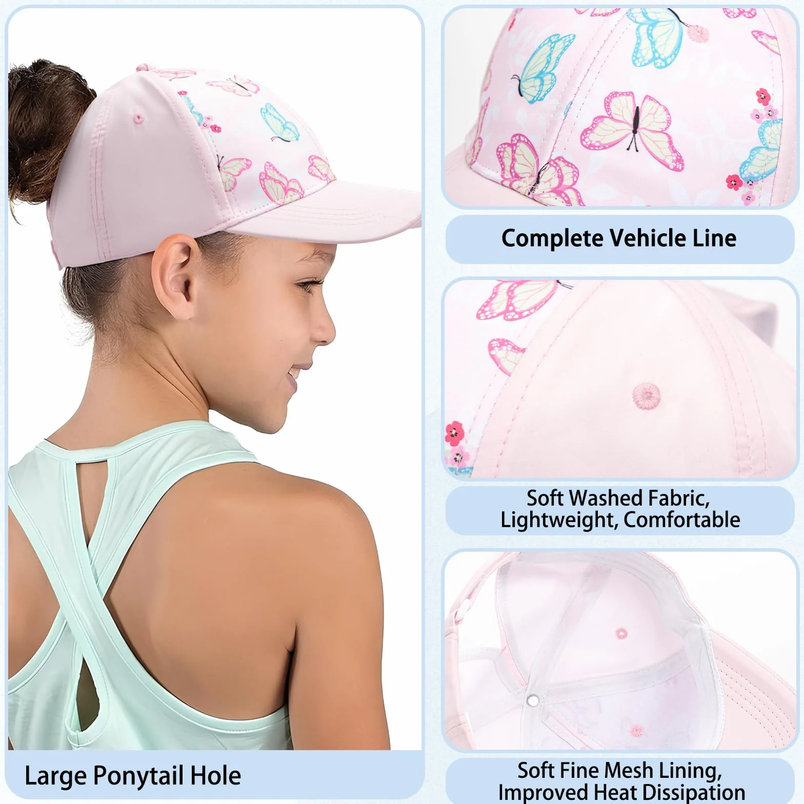 Czapka Dziecięca Baseball Trucker 6-8 lat Visera z Otworem na Kucyk Regulowana Ochrona UV 53cm