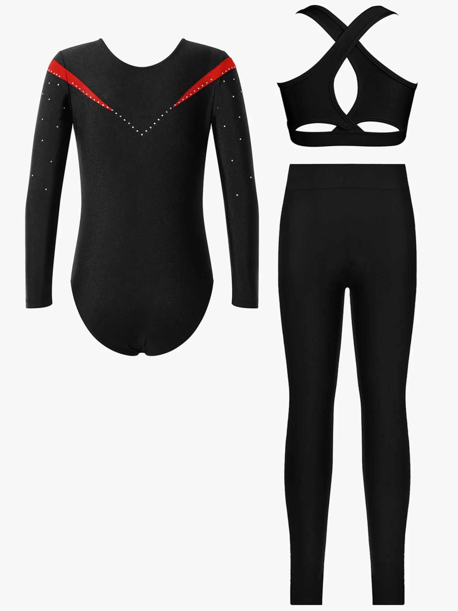 Piezas De Traje De Gimnasia Con Destellos Para Niñas Leotardos De Gimnasia De Manga Larga Tops De Deporte Brasier Y Pantalones Traje De Baile Para Rojo 11-12 años