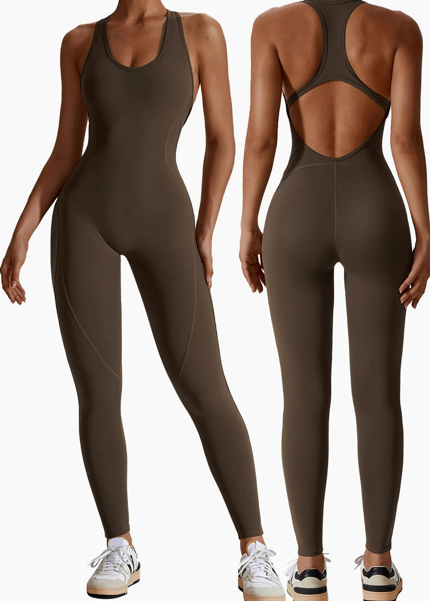 SEAUR Body ajustado para mujer, con cuello halter, para yoga, sin mangas, de una pieza, sin espalda, para gimnasio, yoga, entrenamiento, deportes, talla L, color marrón, marrón, L