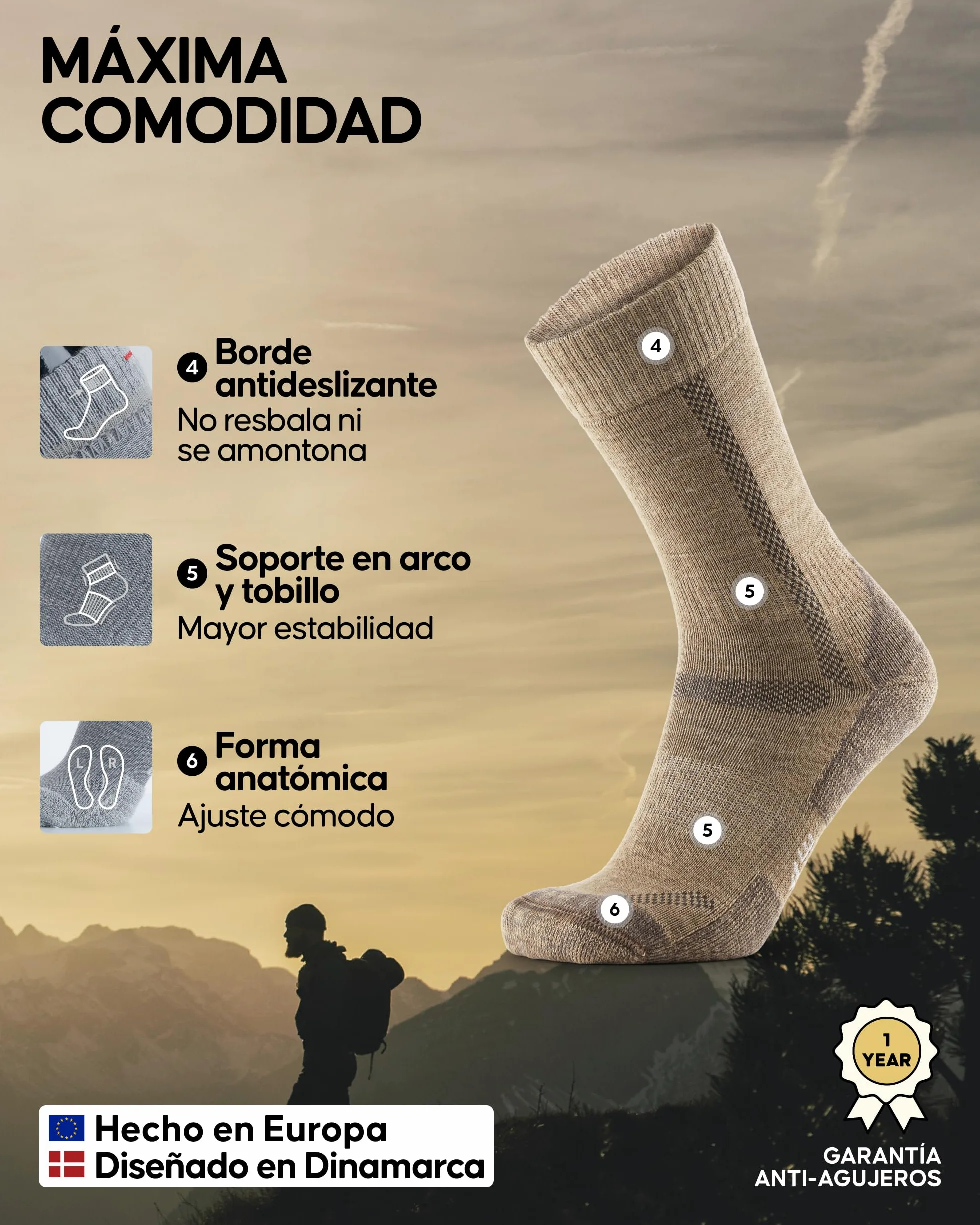 DANISH ENDURANCE Calcetines Senderismo Lana, 3 y 5 Pack Beige 39-42 | Calcetines de Senderismo de Lana Merino, Cálidos y Acolchados Contra Ampollas, para Trekking y Largas Jornadas, Unisex