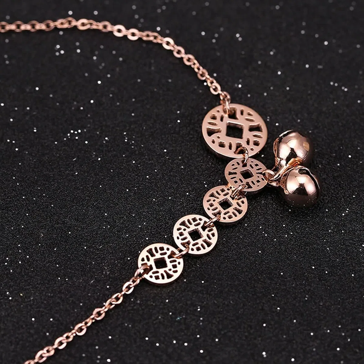 9K Rose Gold 375 Tobillera Boho 30 cm, Au375 oro rosa, campana, hueca, redonda, tobillera para mujer