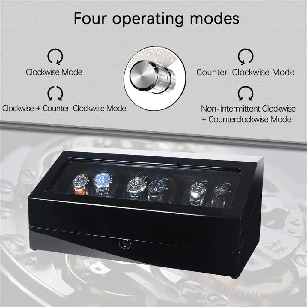Caja automática para 6 + 7 relojes de piel sintética, colección de almacenamiento con pantalla silenciosa, motor silencioso con luz LED