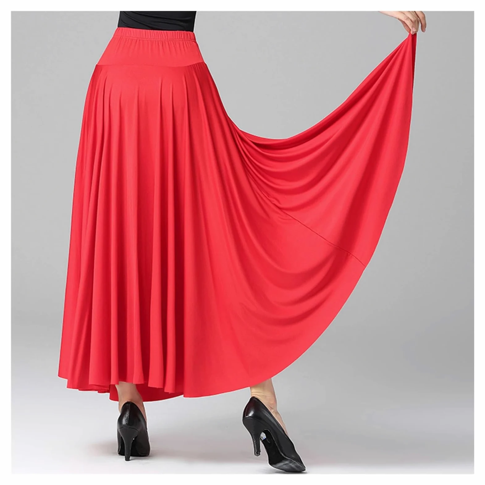 Falda Danza del Vientre Falda de Baile de salón for Mujer, Falda Larga Lisa, Cintura Alta, Cintura elástica, Volantes, Disfraz de actuación(Red,6XL)