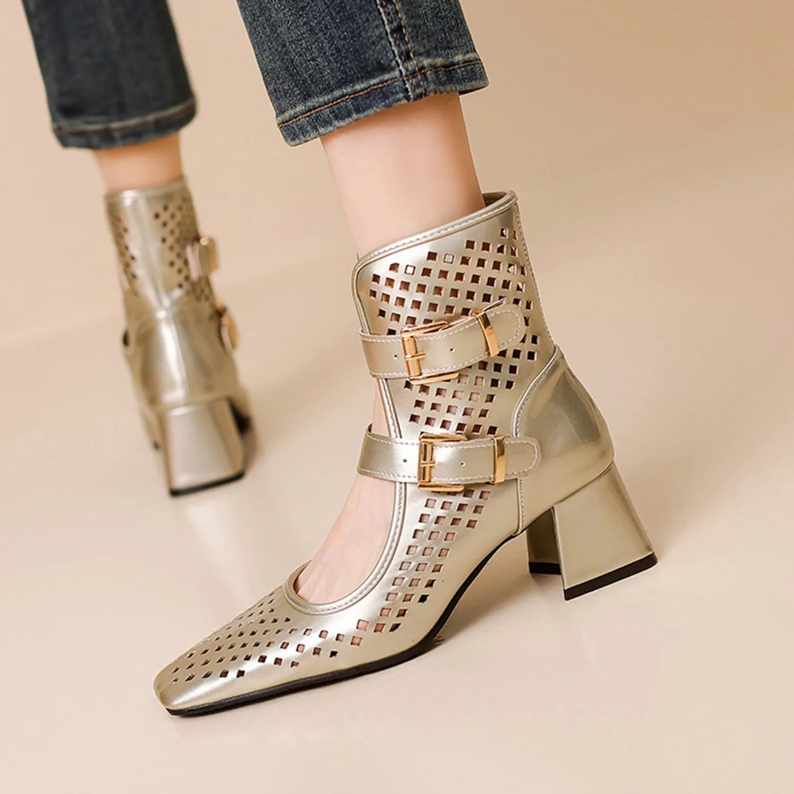 Genérico Mujer Zapatos de Tacón 6 CM Sexy Calados Punta cuadrada Tacón grueso Botines Elegantes para Fiestas y Bodas