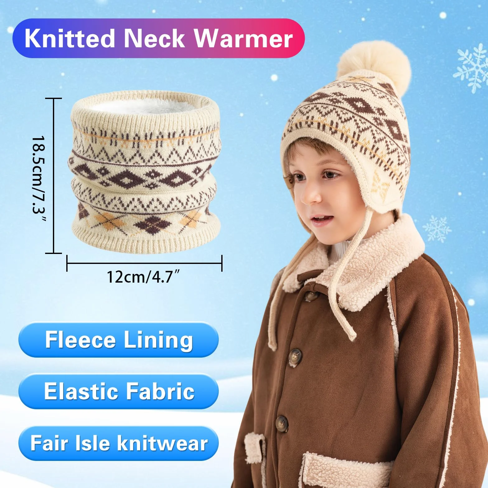 Juego de 3 piezas de invierno para niños con forro polar y gorra, polaina para el cuello, guantes para 3-8 años con pompón, cálidos, pantalla táctil, nieve, escuela, uso al aire libre