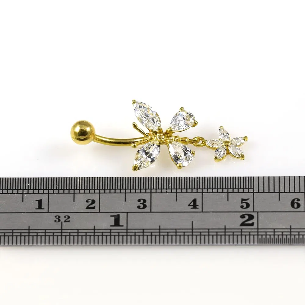 Piercing para ombligo de oro amarillo macizo de 14 quilates con circonita cúbica y mariposa con flor colgante, joyería para ombligo de 14 quilates, calibre 14, 14 Gauge - 10mm Length,