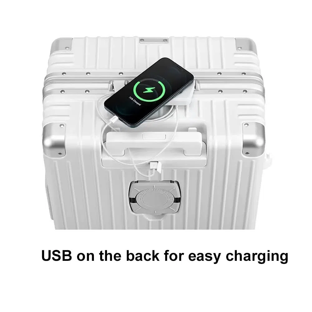 Maleta Multifuncional con Ruedas Giratorias y Puerto de Carga USB - Equipaje de Aluminio con Lados Rígidos - Equipaje de Mano Ligero (Color : White, Size : 26")