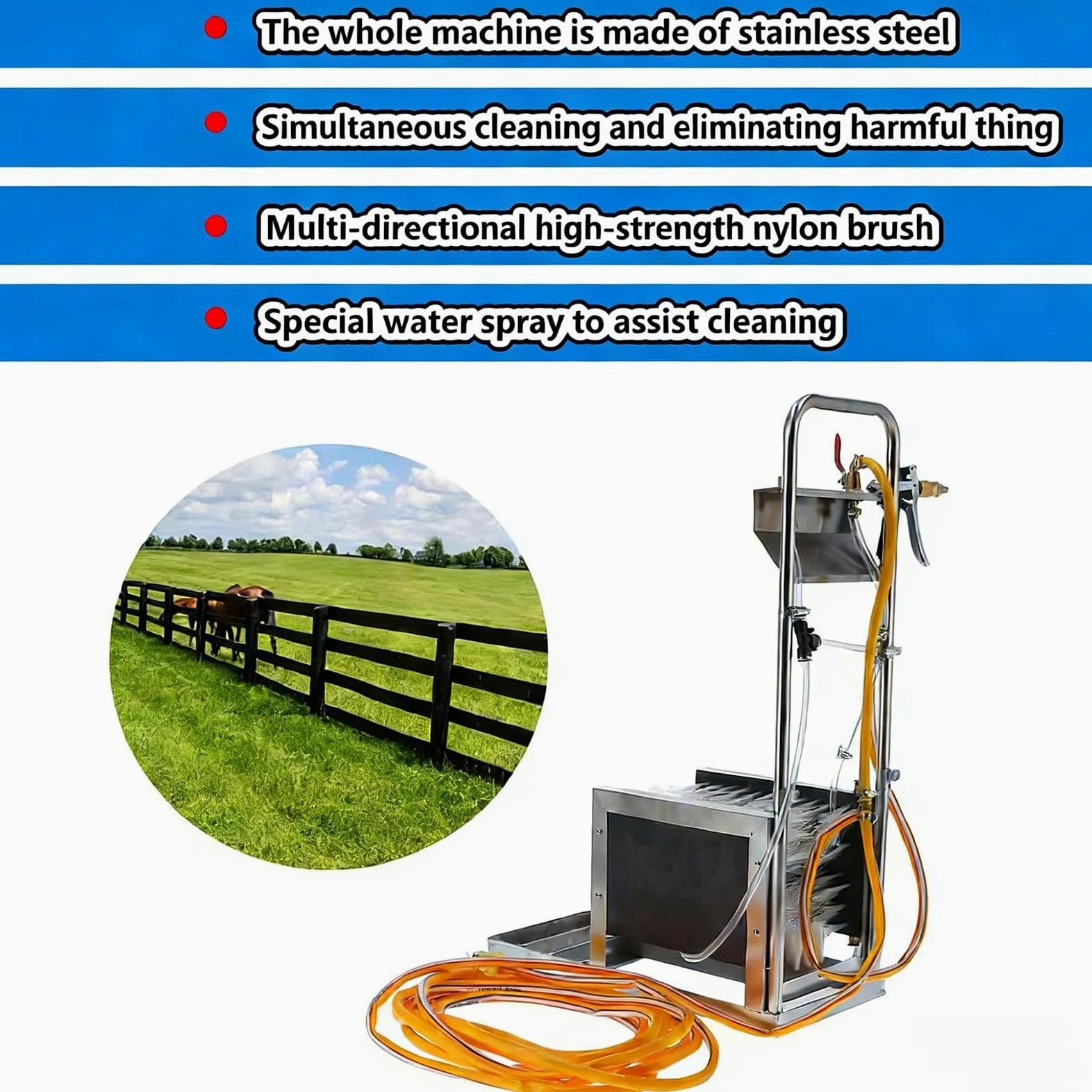 Limpiador automático de calzado con spray de agua y manguera, cepillo de acero inoxidable para eliminar barro en granjas