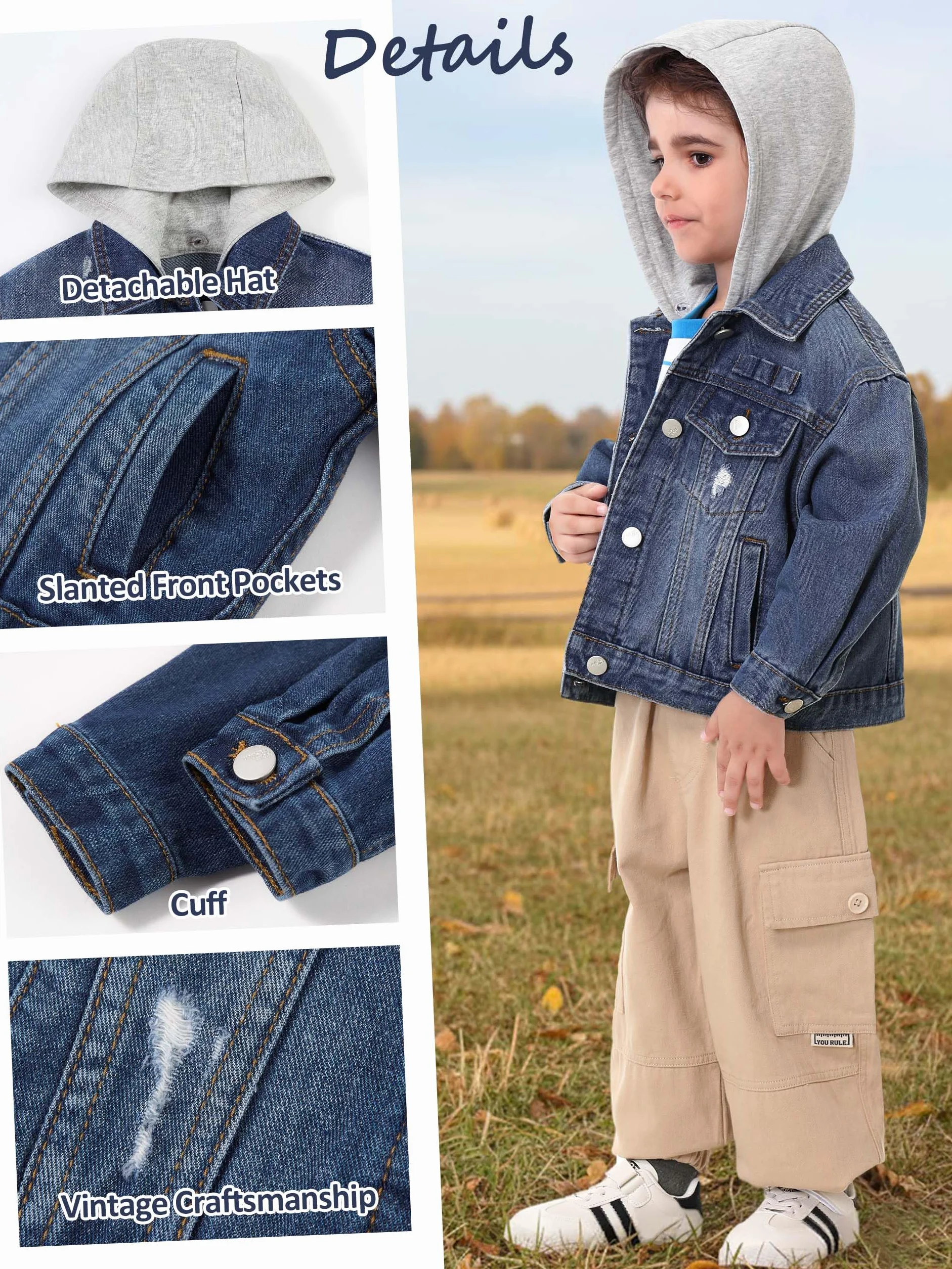 Volunboy Chaqueta Vaquera Niños Desmontable Capucha Azul Mezclilla 2-8 Años