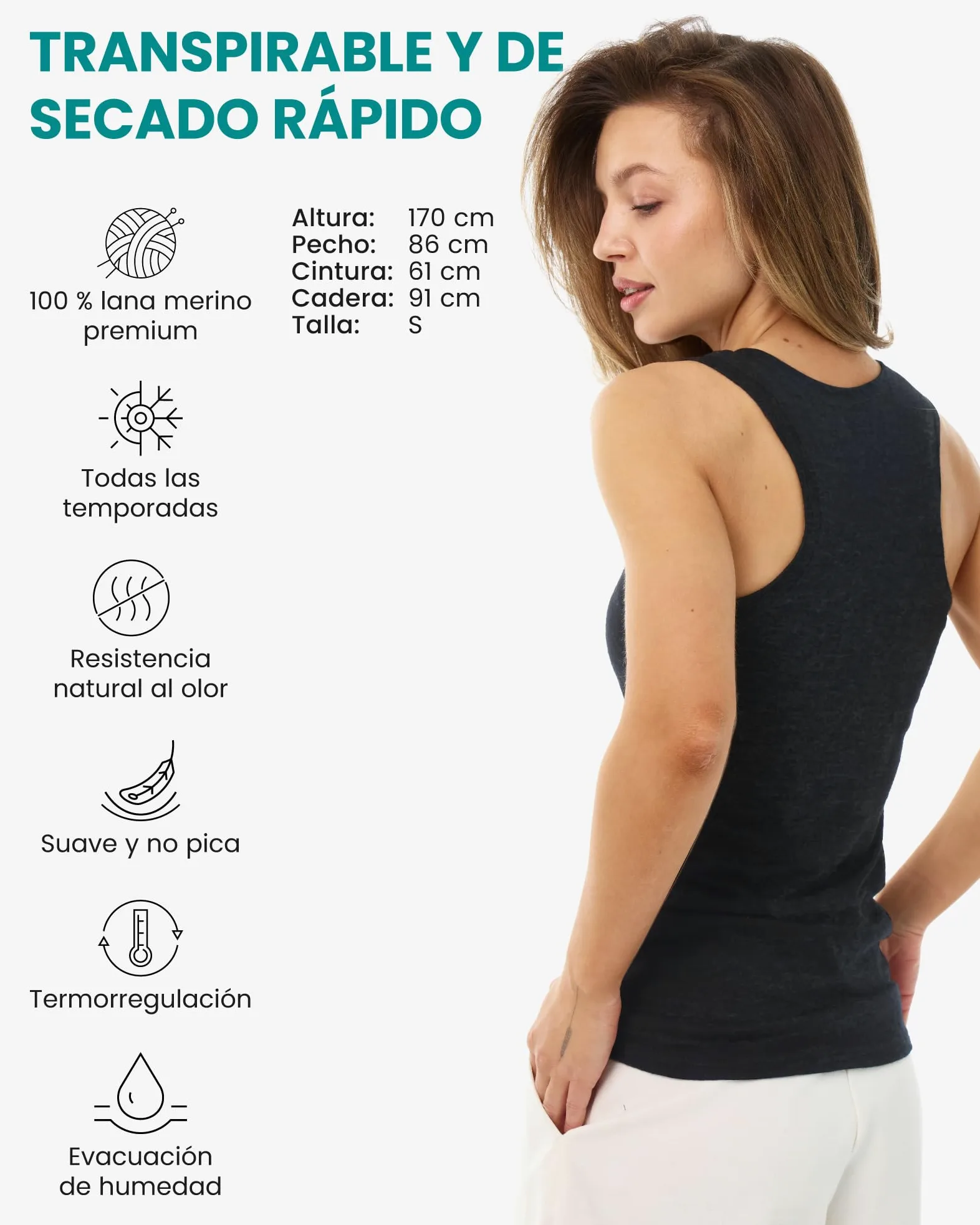 Camiseta Tirantes Mujer Lana Merino - Camiseta Interior Lana Merino Mujer Activa Capa Base, Evacuación de Humedad (Medium, Charcoal Basic)