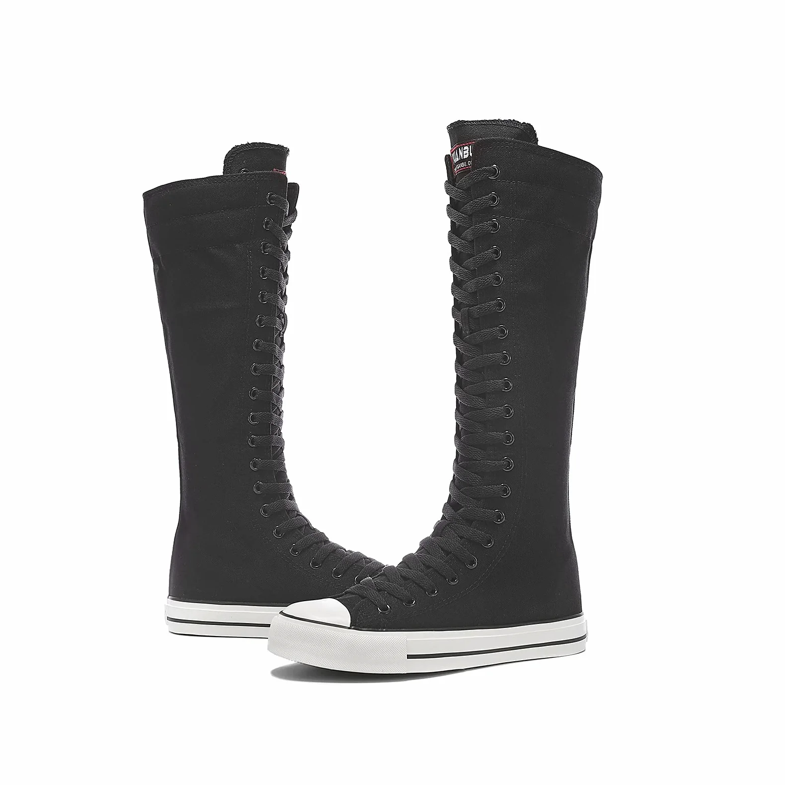 Zapatillas altas de lona con cordones hasta la rodilla para mujer, Negro, 35 EU