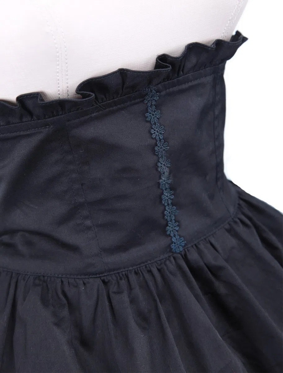 antaina Negra Alta Cintura Retro Gotica Reina Volantes Encaje Lolita Longitud de la Rodilla Midi Plisada Falda