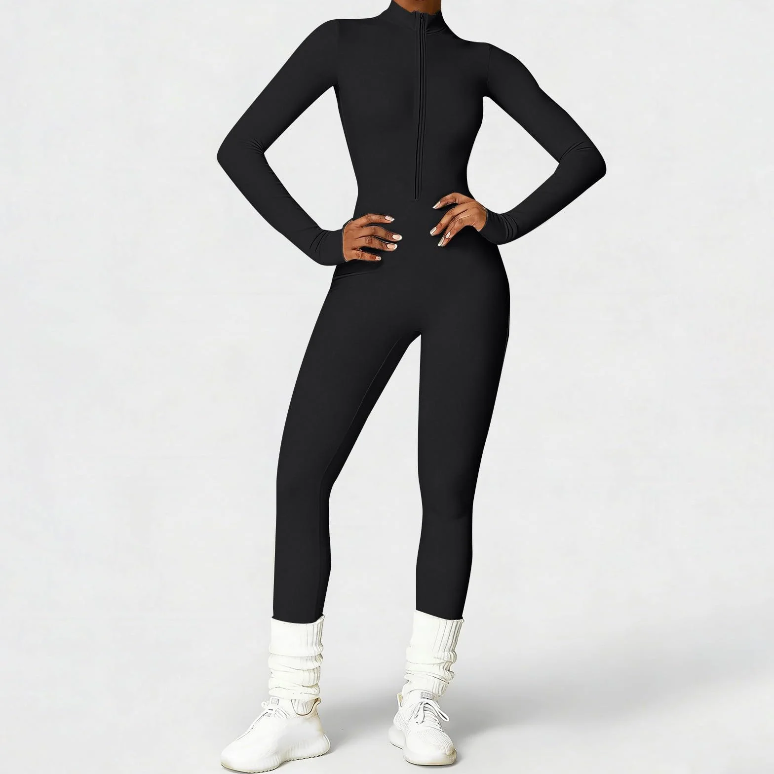 Mono Deportivo Mujer Ajustado Jumpsuit Yoga Leggins 3D Anticelulitis Push Up Manga Larga Cremallera
