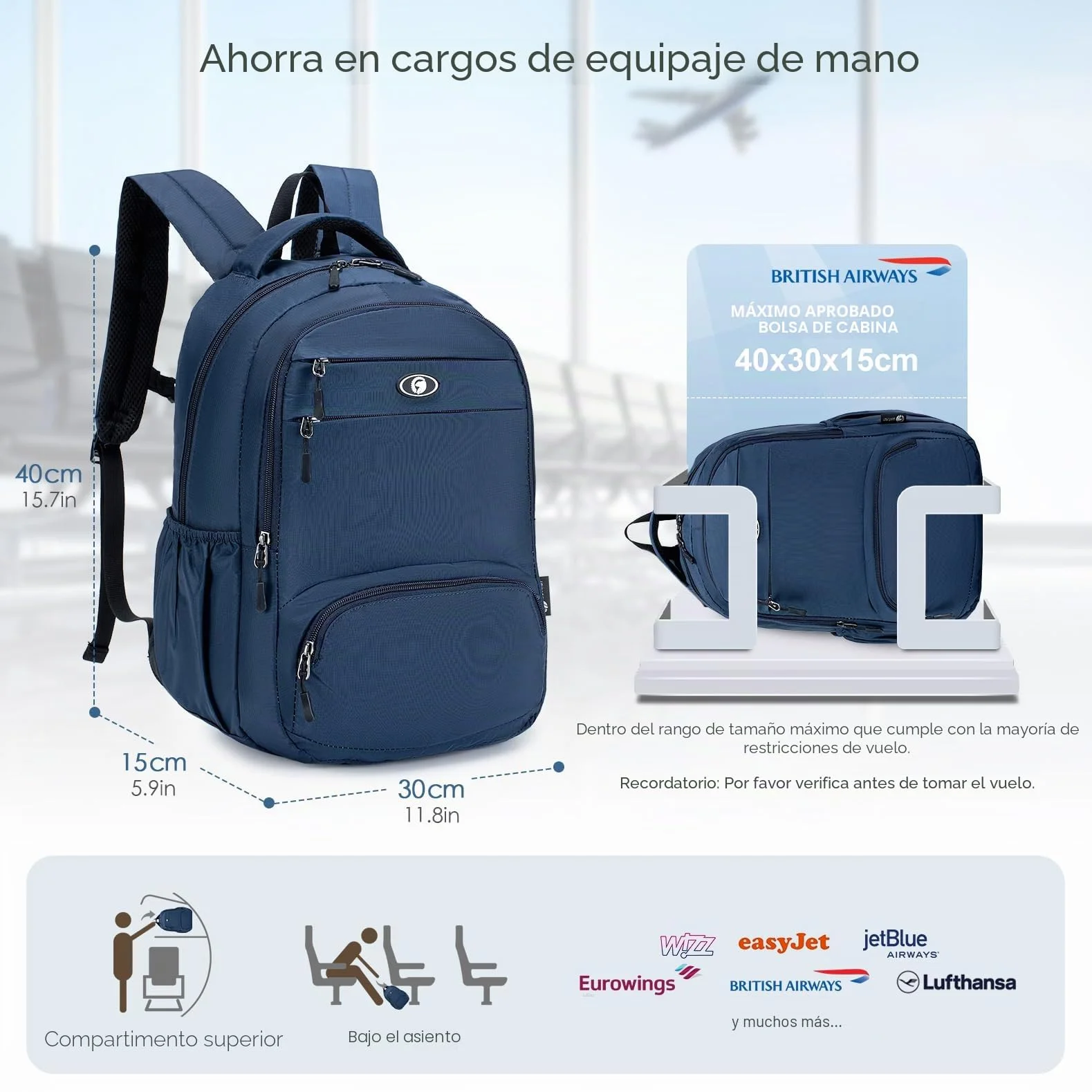 SPAHER Mochila Viaje Cabina Avion 40x30x15 Iberia Air Europa Maleta Equipaje de Mano British Airways 20L Mochilas Portatil Mujer Hombre Impermeable Pequeña para Trabajo Senderismo Escuela, Negro