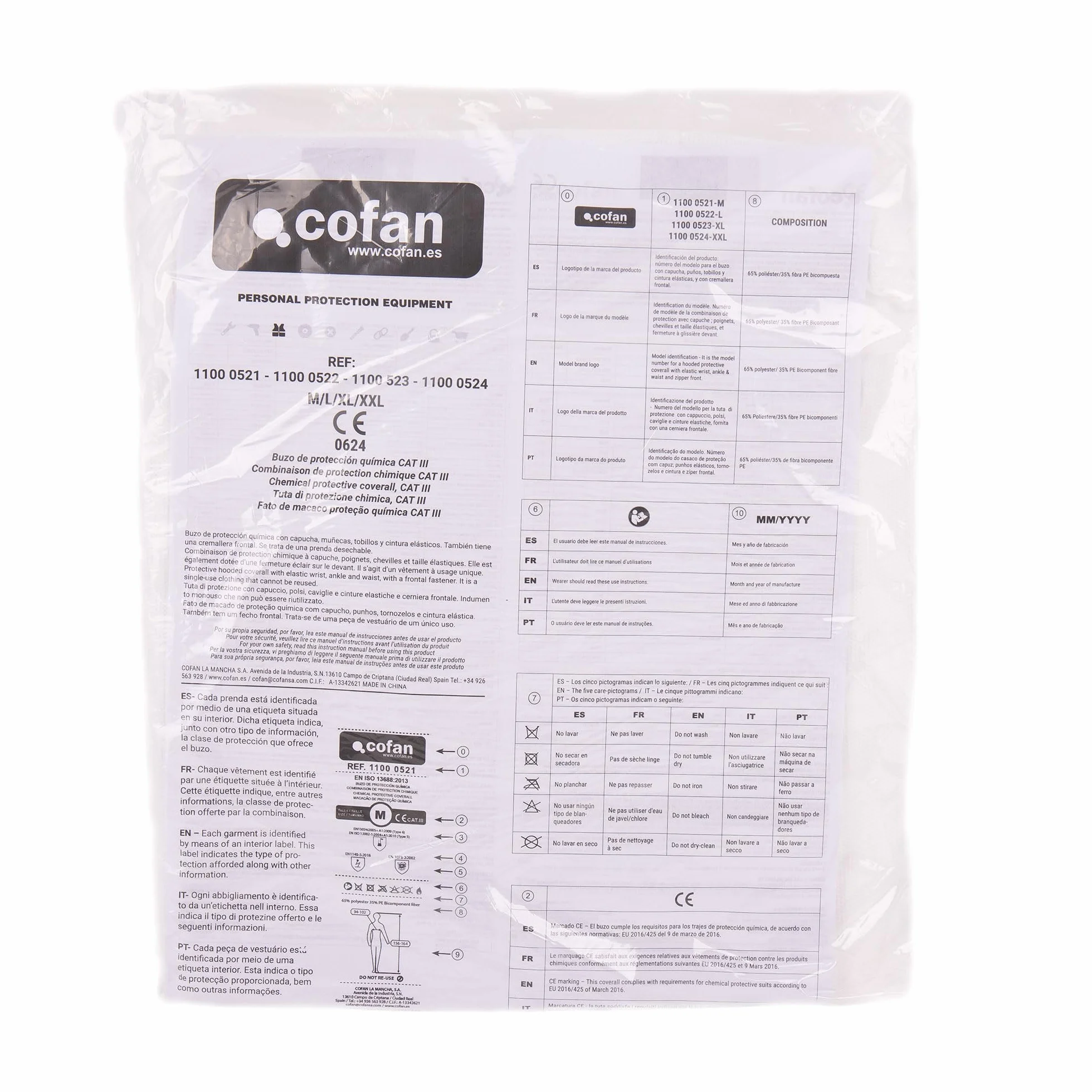 Cofan Buzo de Protección Desechable con Capucha Tipo 5/6 Cat III, Antiestático, Mono de Seguridad para Químicos, Pintura y Construcción, Tallas Desde la M a XXL
