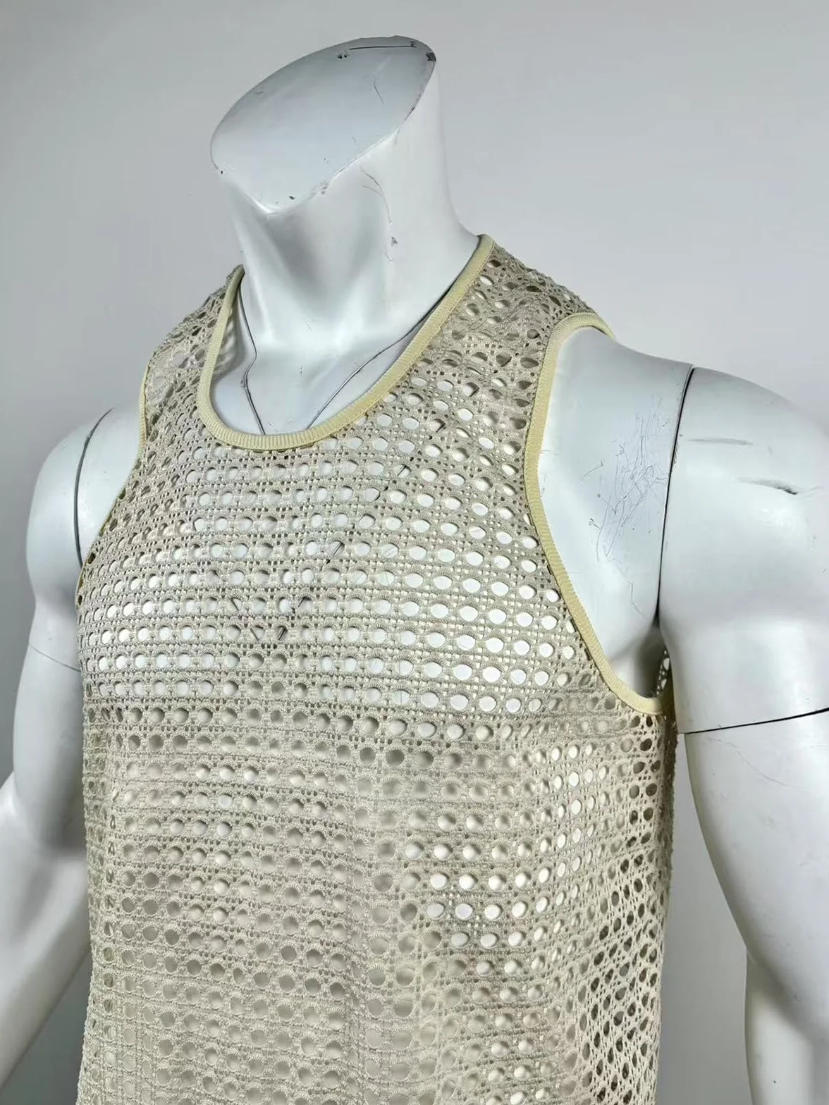 Generisch Hombres Crochet Tank Tops Hueco Transparente Chaleco de Punto Cuello Redondo Verano Camisetas de Punto
