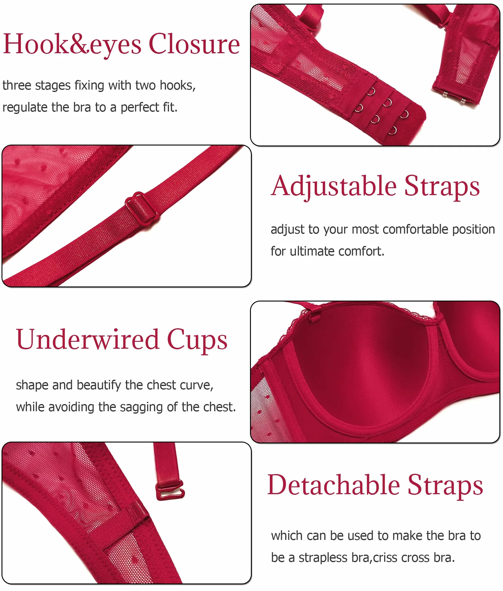 SHEKINI Sujetador Básico de 2 Piezas para Mujer Ropa Interior de Encaje con Anillo de Acero Sujetador sin Relleno Bralette Hebilla Trasera Correa de Hombro Ajustable Bra