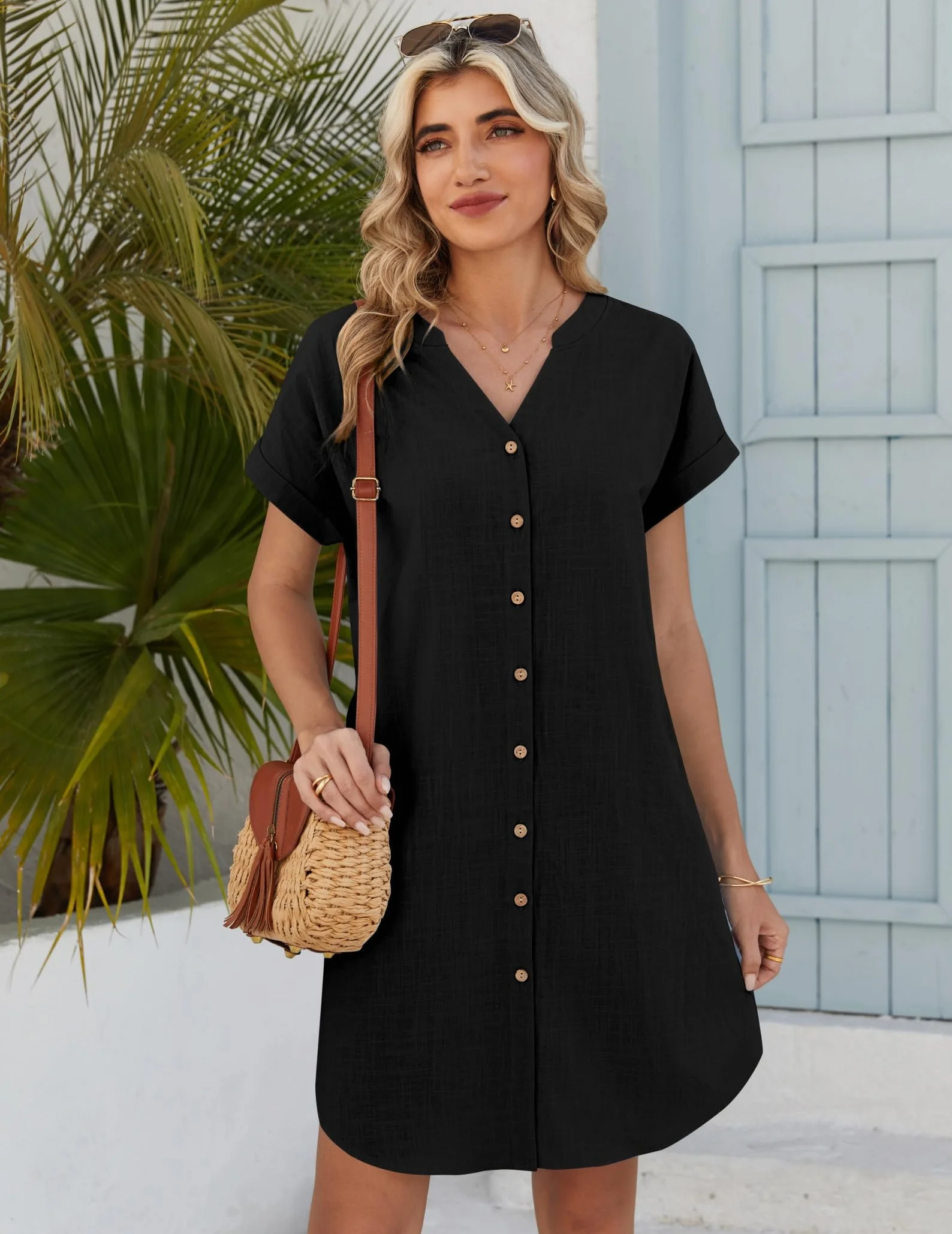 Zeagoo Vestido Mujer Verano Manga Corta Lino Casual Cuello en V Playa Cortos con Bolsillos S-XXL