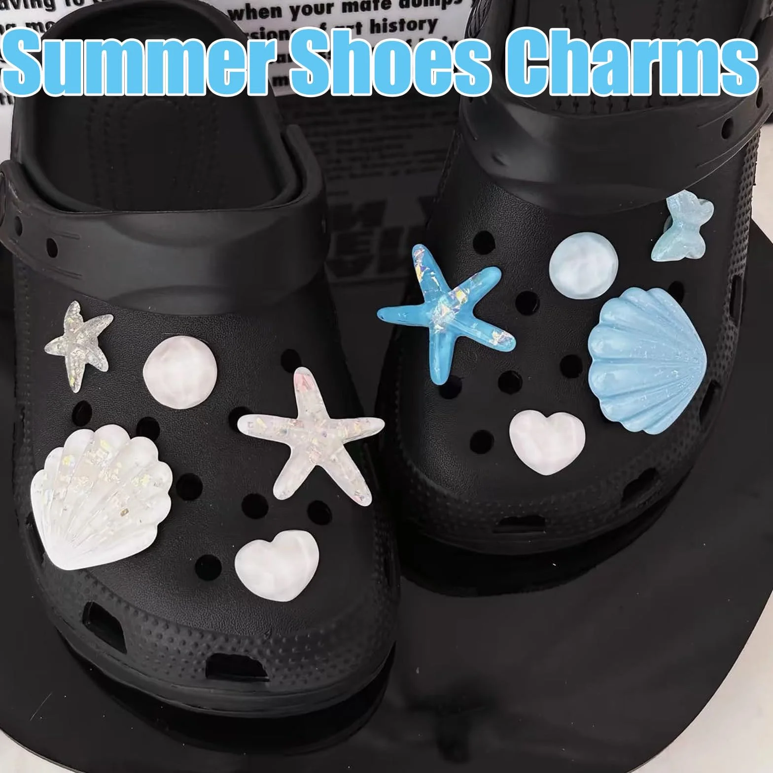 Juego de 9 dijes decorativos para zapatos, bonitos dijes brillantes para sandalias de zuecos, tema de playa de verano con estrella de mar, conchas marinas y perlas