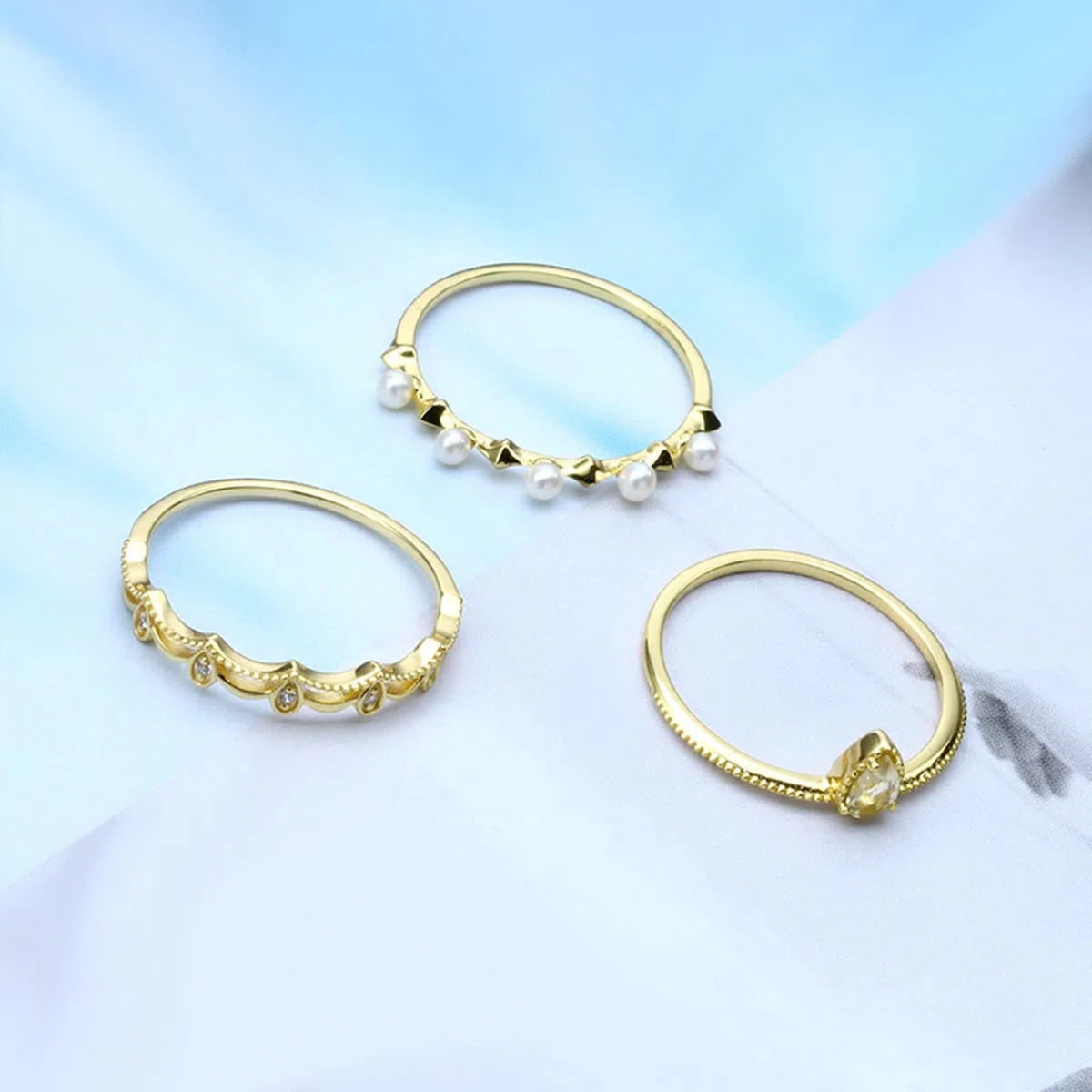 Juego de 3 anillos de boda vintage de oro amarillo de 9 quilates, 14 quilates y 18 quilates con cristal y perla, moissanita