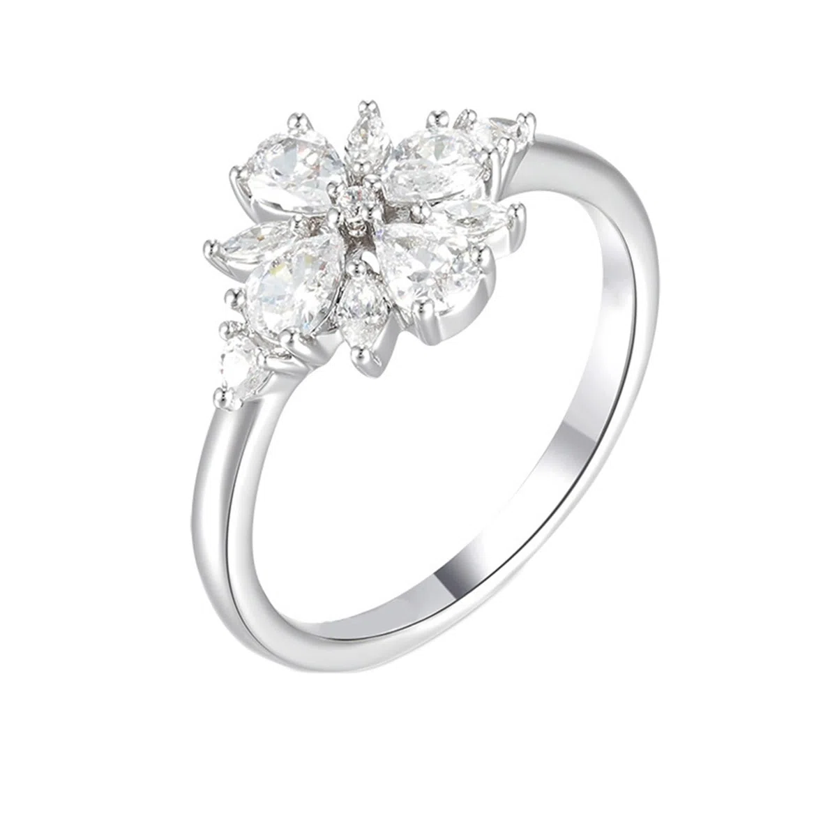 Anillo de compromiso de oro blanco de 18 quilates 750 con gotas de moissanita y forma de flor