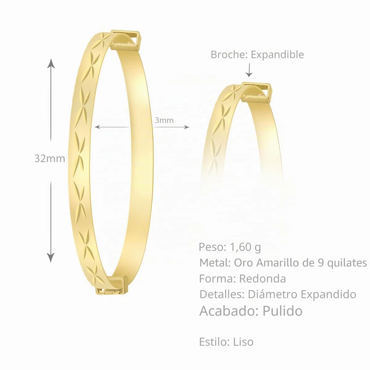Carissima Gold Brazalete Infantil Extensible en Oro Amarillo de 9 Quilates con corte Diamante Diagonal de 3.6cm -5 cm de Longitud